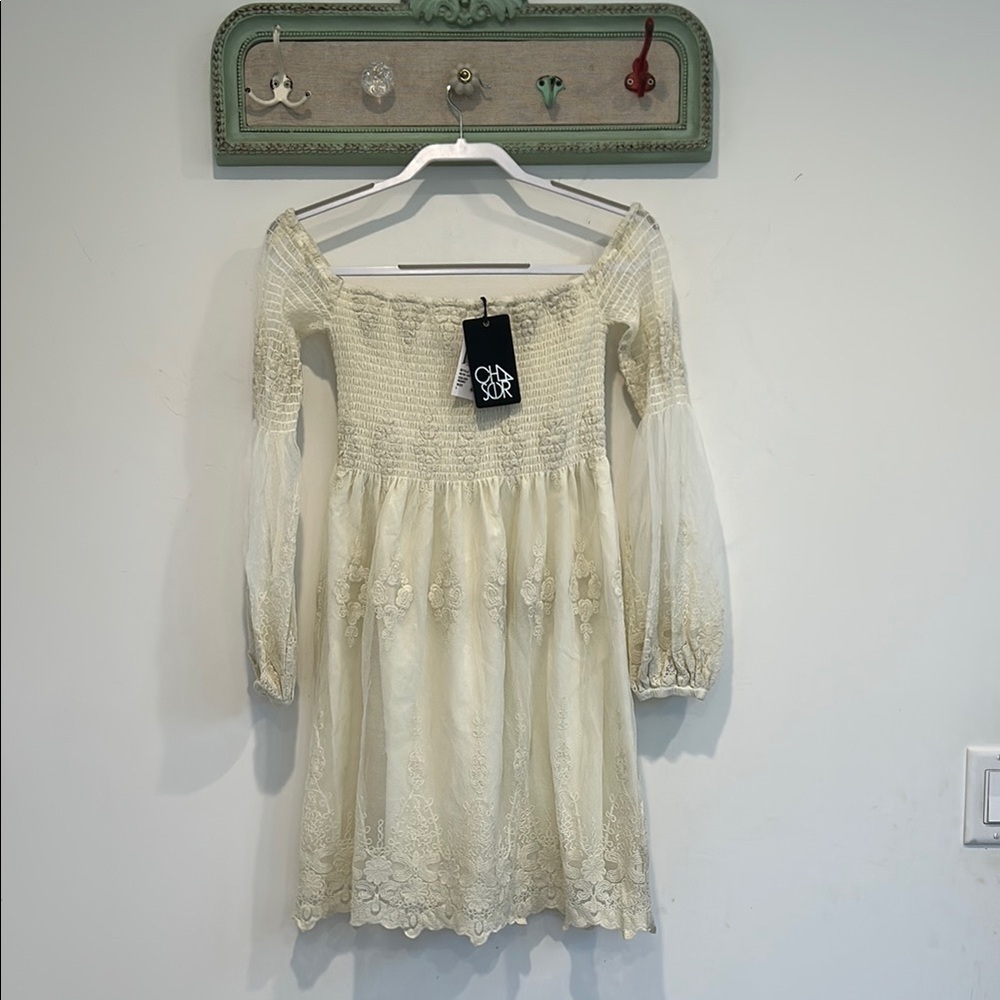 Chaser bohemian off white lace long sleeve off shoulder bridal mini dress large